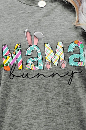 Heather Gray Mama Bunny graphic tee with Easter bunny and egg details.
