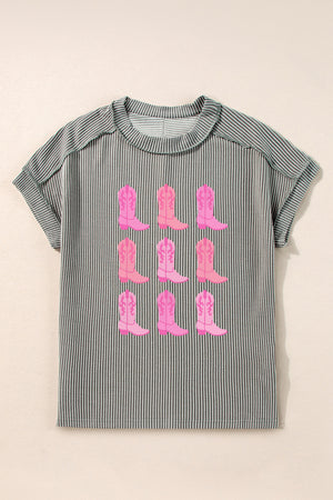 Dark gray striped t-shirt with a print of pink cowboy boots.