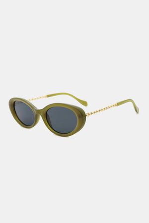 Olive oval sunglasses with gold chain detail on the arms