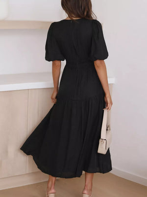 Elegant Puff Sleeve V-neck Midi Dress in Black, editorial view