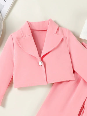 Pink cropped blazer with pearl button detail, part of a toddler outfit set.