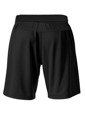 Black chino shorts with elastic drawstring waist and cuffed hem.