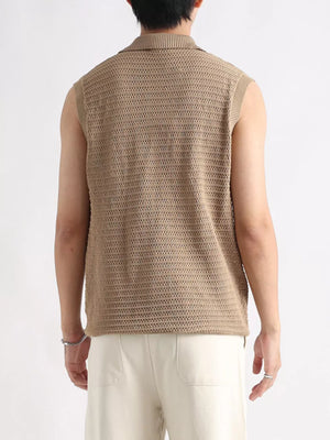 Camel knit polo collar tank top with open weave detail.