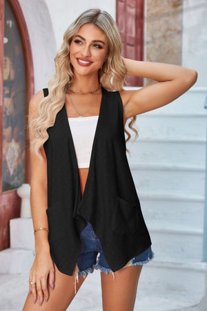 Black eyelet drape front vest with pockets and waterfall hem