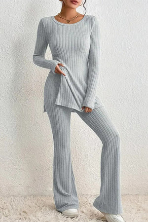 Light gray ribbed knit co-ord set with side slit top and flared pants