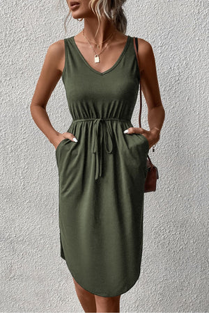 Army green sleeveless V-neck dress with drawstring waist and asymmetric hem