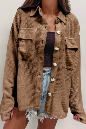 Camel textured corduroy overshirt with patch pockets and button front.