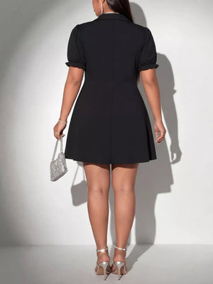 Black plus-size mini dress with puff sleeves, collared neckline, and A-line skirt.