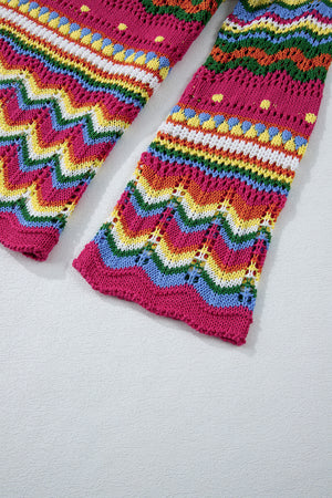 Multicolor crochet knit sweater with wave pattern and openwork details.
