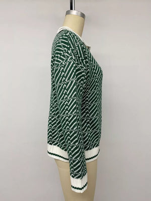 Geometric Patterned Collared Sweater in Green, fit detail