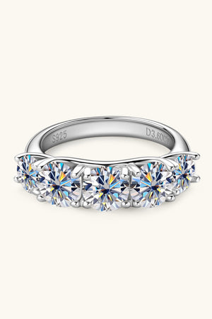 Silver five-stone moissanite eternity band ring with S925 and D3.60CT engravings.