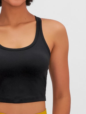 Black sculpted racerback crop tank top with scoop neckline.