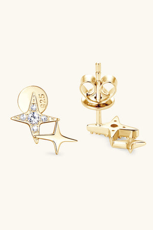 Gold celestial starburst stud earrings with clear diamonds and 925 stamp