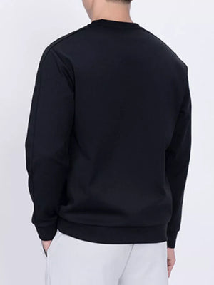 Black zippered sweatshirt with crew neck and long sleeves.