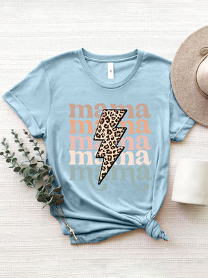Light blue graphic t-shirt with leopard print lightning bolt and "mama" text.