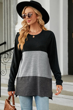 Colorblock long sleeve tee with crew neck and slit hem in black, light gray, and charcoal.