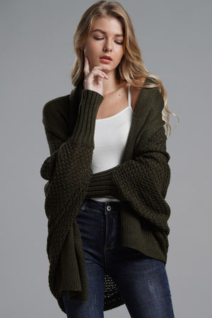 Olive green batwing knit cardigan with textured sleeves and drape front.