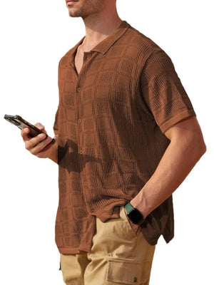 Brown open-knit resort shirt with geometric texture, short sleeves, and button-down front.