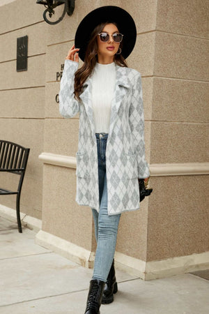 Gray grid-print knit blazer coat with pockets, styled with jeans and boots.
