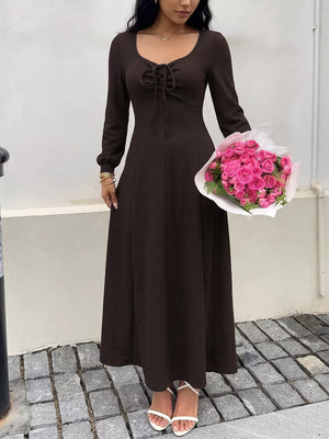 Long Sleeve Tie-front Maxi Dress in Brown, close-up detail