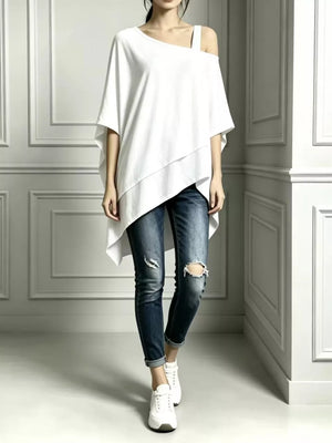 Full Size Asymmetrical Neck Short Sleeve T-shirt Plus Size in Navy, back view