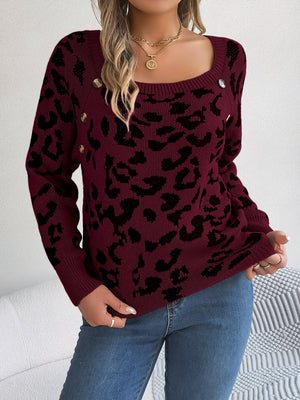 Wine leopard print acrylic sweater with button detail and square neckline.