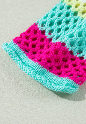 Rainbow crochet sweater with openwork detail in hot pink and aqua acrylic knit