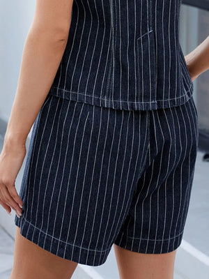 Pinstripe denim vest and shorts set with a casual fit.