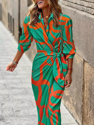 Abstract Print Wrap Midi Dress in Scarlet, close-up detail