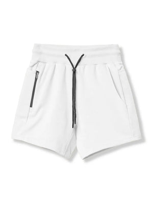 White performance fleece jogger shorts with black drawcord and zippered pocket