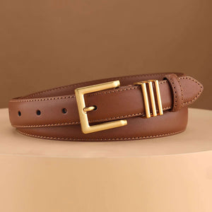 Brown cowhide leather belt with adjustable fit and golden buckle detail.