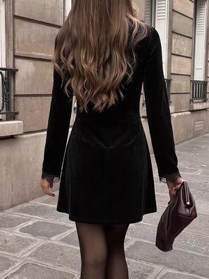 Velvet Lace Trim V-neck Mini Dress in Black, back view
