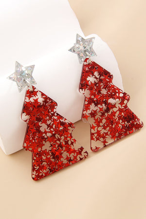 Red acrylic Christmas tree drop earrings with star detail
