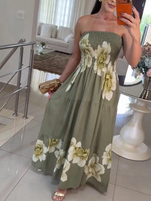 Botanical smocked maxi dress with ruched bodice in olive green with white floral print.