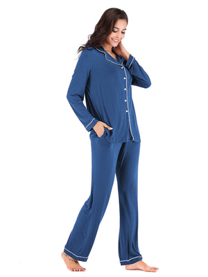 Piped trim pajama set in French Blue with button-up top and pockets.