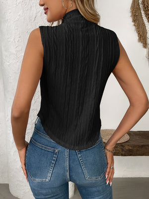 Black textured sleeveless mock neck top with vertical pleats