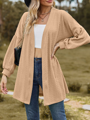 Taupe textured open cardigan with balloon sleeves and a relaxed fit.