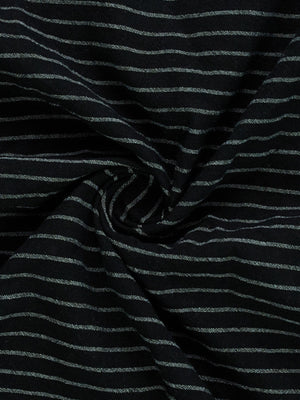 Black cotton blend men's long sleeve shirt with thin white stripes.