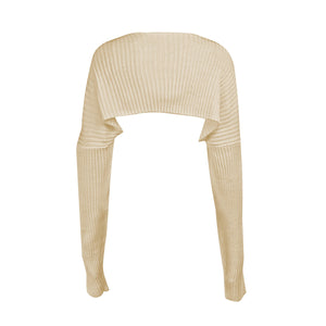 Sand ribbed knit shrug with extended sleeves and a cropped bolero cut.