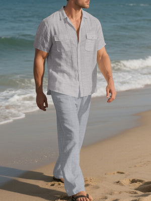 Men's Casual Button-up Shirt And Pants Set Plus Size, model styling view