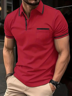 Scarlet short sleeve polo shirt with black trim on collar, pocket, and sleeves.