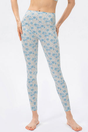 Light blue floral print skinny leggings with a high waist.