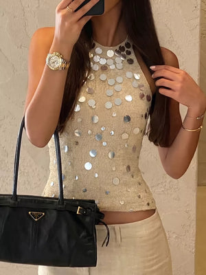 Sequin Halter Neck Cami in Gold, front view