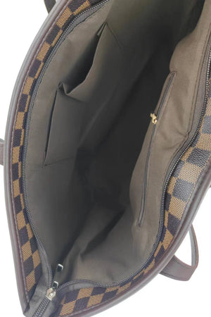 Damier tote bag interior with checkerboard pattern and multiple pockets.