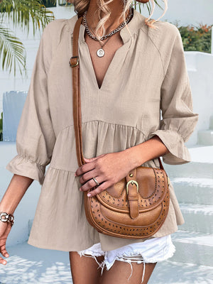 Khaki linen tiered blouse with ruffled sleeves and V-neck