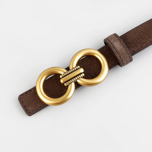 Brown cowhide leather belt with double circle gold buckle detail