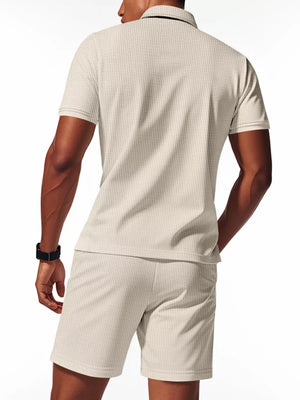Men's waffle knit polo shirt and jogger shorts set in Khaki.