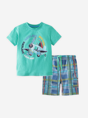 Toddler boys green cotton airplane graphic t-shirt and blue plaid shorts set