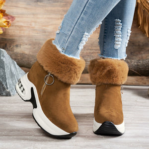 Brown plush ankle boots with side zipper and air cushion sole