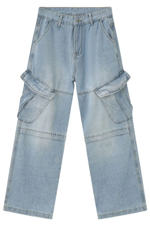 Light wash denim baggy cargo pants with utility pockets and a relaxed fit.